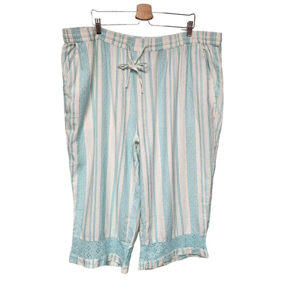 Denim & Co Naturals Linen Blend Crop Pants 2XP Summer Aqua White Eyelet Border - Picture 2 of 5